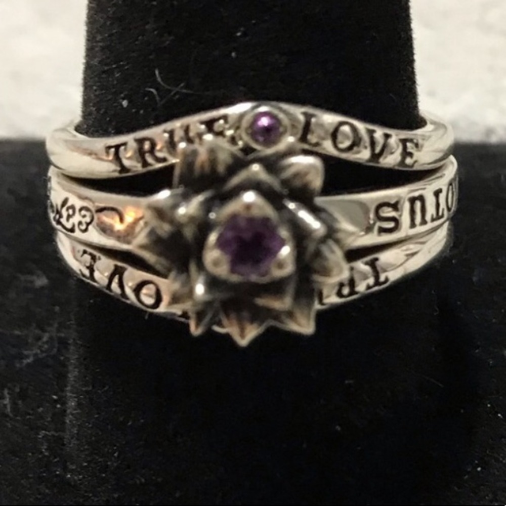 Ed Hardy Sterling Silver Triple Ring Set Size 11 True Love Amethyst Lotus Purple